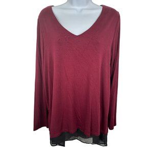 Karen Kane Large Blouse Top Womens Long Sleeve Black Burgundy V-Neck Rayon Blend